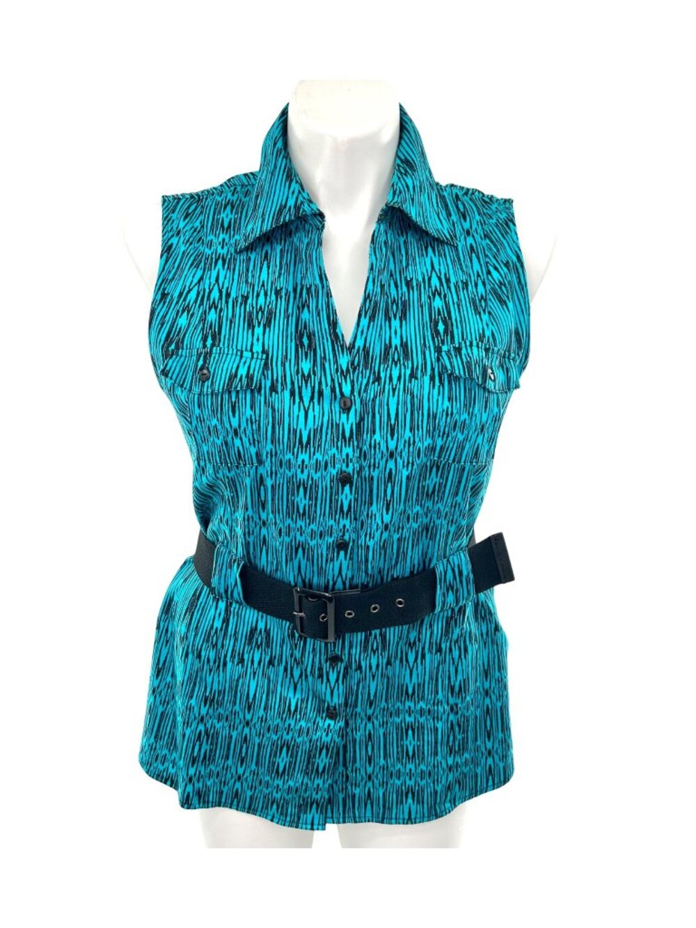 APT. 9 SLEEVELESS TURQUOISE & BLACK PRINT TOP W/ BELT - XL